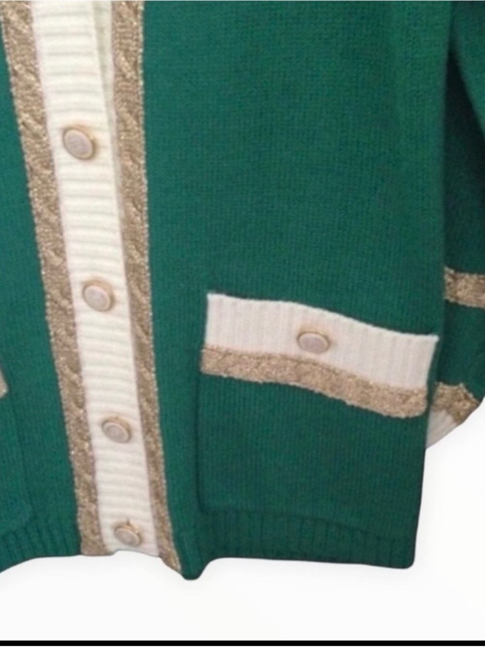 🔴 Green Button-Front Cardigan Sweater with White and Gold Trim-M-L - Picture 6 of 10